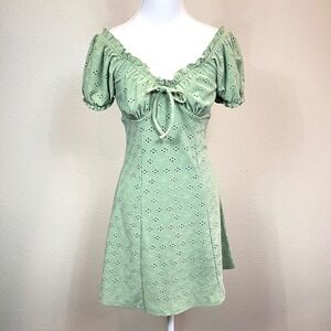 Heart & Heels Babydoll Mini Dress Size Small Green Y2K Coquette Milkmaid Eyelet